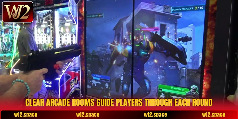 Clear arcade rooms guide players through each round Clear arcade rooms guide players through each round